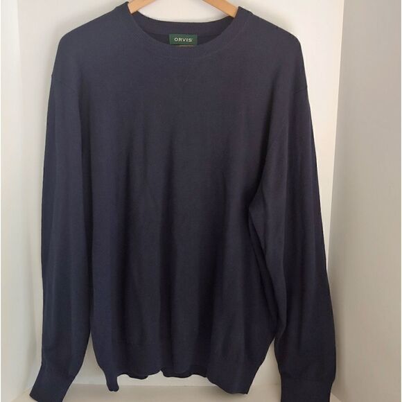 Orvis Mens Cotton/Silk/Cashmere Blend Crewneck Sweater Navy Blue Size L - Picture 1 of 6